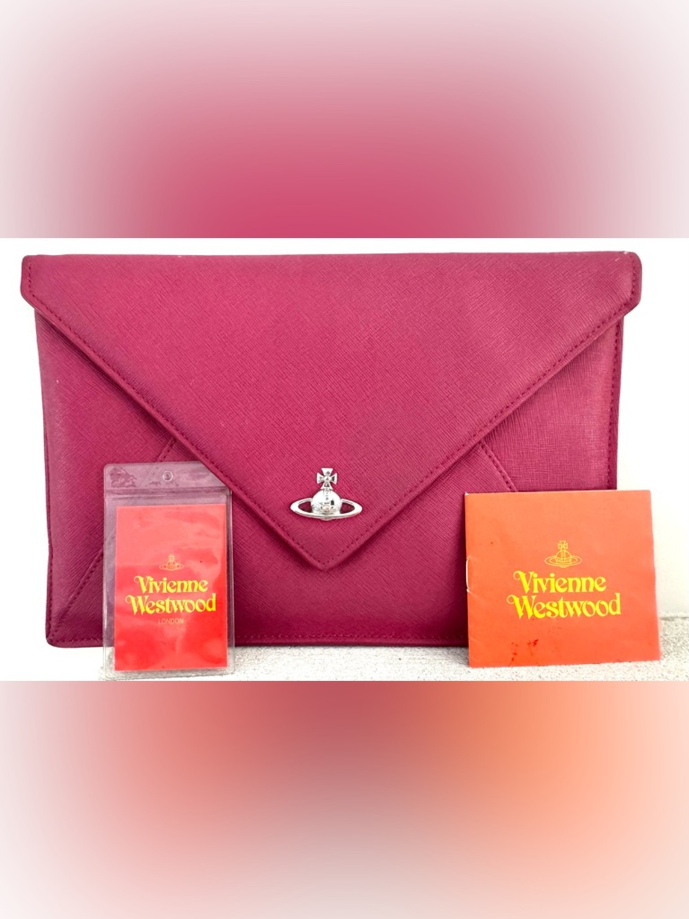 VIVIENNE WESTWOOD Pink Envelope Clutch Bag Orb Logo Leather Wallet Pouch - Picture 2 of 13